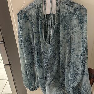 White House Black Market Blue Sheer Snake-Print Blouse